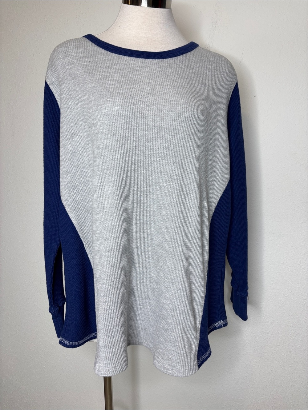 Woman Within Two-Tone Long Sleeve Knit Top - Light Gray & Navy